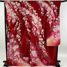 Woman Japanese Kimono Furisode Silk Peony Cherry Blossom Glitter Thread Foil Red picture