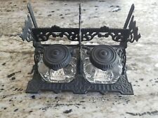 ANTIQUE 1860S-1880S TATUM'S ORNATE CAST IRON GLASS DOUBLE INKWELL BLOTTER STAND picture