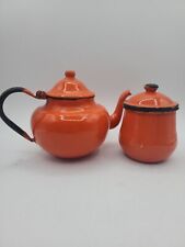 Vintage MCM Orange enamelware teapot and covered Sugar Japan picture