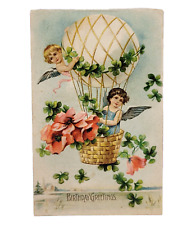 Birthday Greeting 1908 Cherub Angels Hot Air Balloon 4 Leaf Clover Postcard Used picture