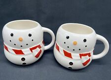 Mug Set 2 Williams Sonoma Bubble Happy Snowmen Red Scarf Stripe Handle Christmas picture