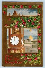 East Peru Iowa IA Postcard New Year Clock Tower Holly Berries Embossed c1910's picture