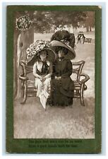 1913 Two Beautiful Girls Widow HatSitting In Chair Bench Posted Antique Postcard picture