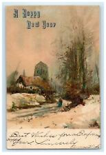 1907 New Year Snow Winter Old Woman Antique Handcolored Postcard picture