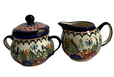 Boleslawiec Polish Pottery Sugar Bowl + Creamer Unikat Signature Pattern picture