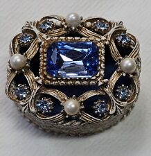 Vintage Florenza Trinket Box Holder Oval Enameled Blue Faux Pearl picture
