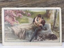 VTG 1919 Italy Postcard Lovers On Bench Kissing Valentine Day Bologna Collie Dog picture