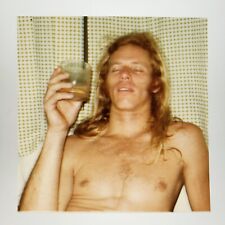 Shirtless Man Enjoying Drink Photo 1980s Long-Haired Hippy Retro Party Guy H808 picture
