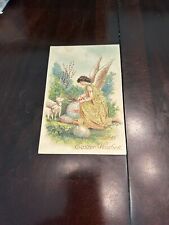 Best Easter Wishes Postcard Angel with HUGE PINK WINGS & Lambs picture