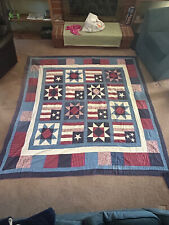 VINTAGE QUILT AMERICANA PATCHED BLANKET USA 81”x81” RED WHITE BLUE PILLOW CASES picture