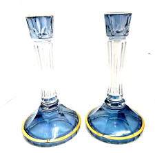 Lot of 2 Italian Crystal Pair of Candlesticks SC Line blue Flashed Gold Trim picture