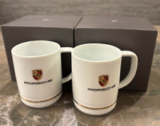 PORSCHE Novelty KAHLA White/Gold Pottery Logo Pair Coffee Mug cup wz/Box Rare picture