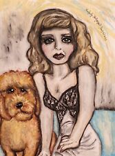 Woman and Goldendoodle Original Pastel Painting 9x12 Vintage Style Dog Art 2022 picture