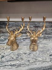 2 Heavy Vintage Large Brass Deer Head Candle Stick Holders 13