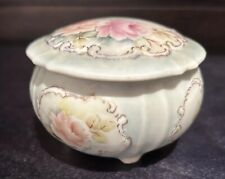 Vintage Hand Painted Round Trinket Box Footed Roses On Top Lid And Sides picture