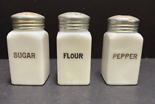 3 McKee Shakers Vintage White Milk Glass 1950's Sugar Pepper Flour Zinc Lids picture