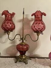 RARE VINTAGE FENTON  DOUBLE STUDENT LAMP  / CRANBERRY COIN DOT SHADES picture