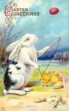 Easter  Rabbit Playing Game With Chicks in Field  Embossed 1914 picture