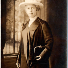 c1910s Fancy Classy Lady RPPC Posing Trench Coat Hat Bag Real Photo Postcard A65 picture