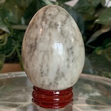 Vintage Italian Alabaster Carved Egg w Wood Stand ITALY MCM Stone Figurine 2.5