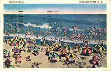 Bathing Beach Swimmers Umbrellas Wildwood Crest NJ Linen Unused Postcard 1930s picture