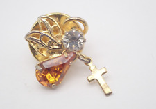 Gemstone Angel holding Cross Vintage Lapel Pin picture