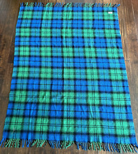 Vintage Faribo Fluff Loomed  Blanket Plaid Green Blue USA 54” x 64” picture