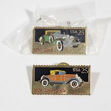 Two Antique Automobile Postage Stamp Lapel Pins USPS 1932 Cord 1928 Locomobile picture