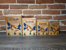 Vtg 1950s Wood Dovetail Nesting Canister Set Roosters Japan Flour Sugar Tea Coff picture