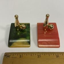 LOT OF 2 VTG BOWLING CATALIN BAKELITE METAL TABLE DINNER PLACE CARD NAME HOLDERS picture