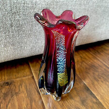 Vintage Heavy Murano Heavy Glass Art vase Cranberry Pink Gold Silver Flecks 10” picture