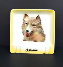 Vintage Souvenir Alaska Alaskan Malamute Dog Yellow Ceramic Cigarette Ashtray picture