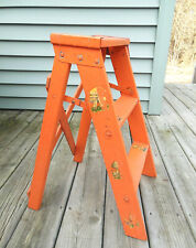 Vintage Wood Step Ladder, Painted Orange w/Mushroom Decoupage picture