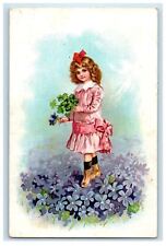 c1910's Beautiful Girl Dress Pink Ribbon Shamrock Pansies Flowers Italy Postcard picture