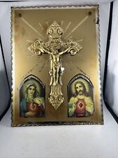 OLD VINTAGE MARY JESUS CRUSIFIX RELIGIOUS CUT GLASS WALL HANGING 18”x 12” Tall picture