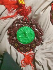 Chinese Resin Faux Jade Happy Buddha Wall Hanging Green Dragon Red Tassel 6A picture