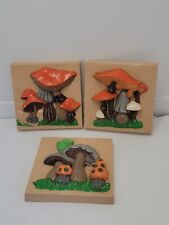 Vintage 1970's Retro Set of 3 Raised 3D Mushroom Wall Decor Ceramic Plaques picture