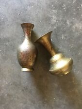 Two Vintage Solid Brass Carved Small Vases Made in India Engraved Flower Pattern picture