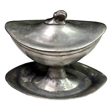 Antique Elegant Pewter Serving Ritual Sugar Bowl Center Piece With Lid Gravy Pot picture