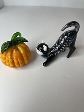 LENOX Spooky Sparkle Black Art Glass Cat Orange Pumpkin Halloween Hand Made picture