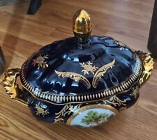 Lidded Oval Tureen French Art Gold Toned Porcelain 12x10 picture