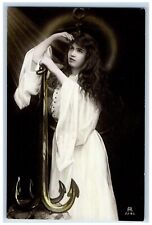 Religious Postcard RPPC Photo Pretty Angelic Girl With Anchor c1910's Antique picture