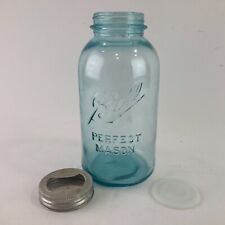 Vintage Blue Glass Ball Mason Jar Half Gallon Zinc & Milk Glass Lid Dropped A picture