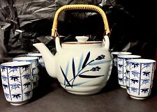 Vintage Japanese Tea Set w/ Teapot & 6 Cups Blue & White Bamboo Design w/ Handle picture