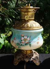 Antique 1890s Consolidated Milk Glass Oil Lamp - HAND PAINTED FLOWERS picture
