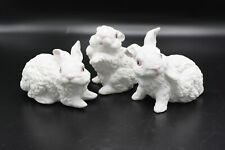 Vintage Textured 3 White Bisque Bunny Rabbits Figurines Hand Painted Philippines picture