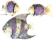 Unique  Textured Colorful Brass Tropical Fish Wall Hanging Decor Set of 3 picture