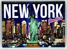 New York Postcard Night Skyline SOL White NY Letters Magnet 2.5