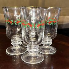 Vintage Libbey Irish Coffee Mugs (4) Christmas Holly Berry Ribbon Gold Band Trim picture