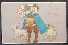 Vintage Happy Easter Postcard w/ Boy Dogs and Flowers picture
